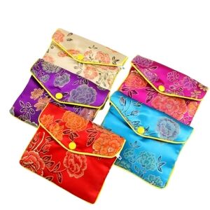 Lot Of 5 Floral Embroidered Chinese Silk Coin Zipper Snap Pouches Multicolor Set